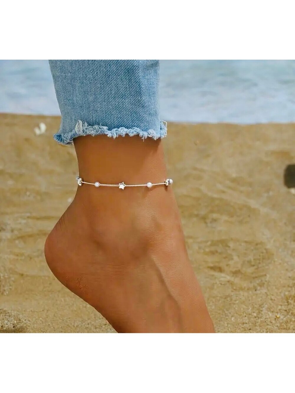 New - Beautiful -Vintage Style - Silver Star and Faux Pearl Ankle Bracelet